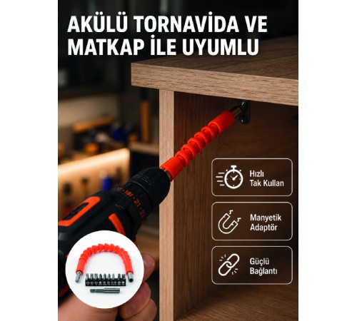 Esnek Bits Uç Seti 12 Parça Manyetik Adaptörlü Matkap Tornavida Aksesuarı