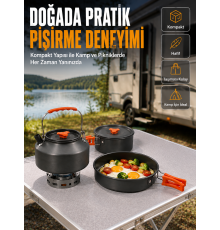 Alüminyum Kamp Pişirme Seti Katlanabilir Kulplu Çaydanlık Tencere Tava Outdoor Yemek Seti