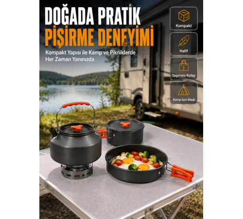 Alüminyum Kamp Pişirme Seti Katlanabilir Kulplu Çaydanlık Tencere Tava Outdoor Yemek Seti