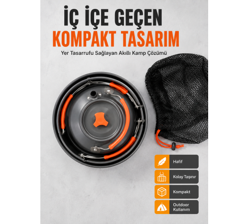 Kompakt Kamp Yemek Seti Alüminyum Tencere Tava Çaydanlık Taşıma Fileli Outdoor Set