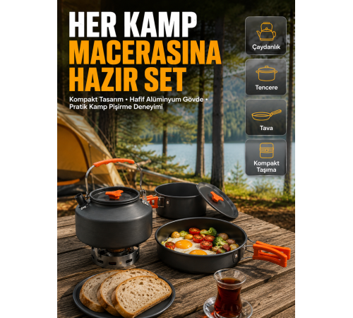 Kamp Mutfak Seti Alüminyum Çaydanlık Tencere Tava Hafif ve Taşınabilir Tasarım