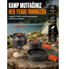 Katlanabilir Kulplu Alüminyum Kamp Tencere Tava Çaydanlık Seti Piknik ve Doğa Kampı İçin