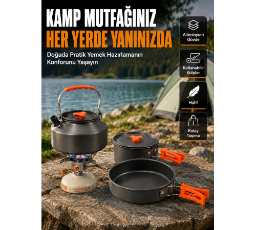 Katlanabilir Kulplu Alüminyum Kamp Tencere Tava Çaydanlık Seti Piknik ve Doğa Kampı İçin