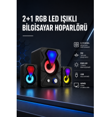 2+1 RGB LED Işıklı Güçlü Bas Sistemli Bilgisayar Hoparlörü