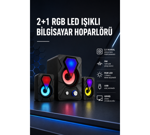 2+1 RGB LED Işıklı Güçlü Bas Sistemli Bilgisayar Hoparlörü