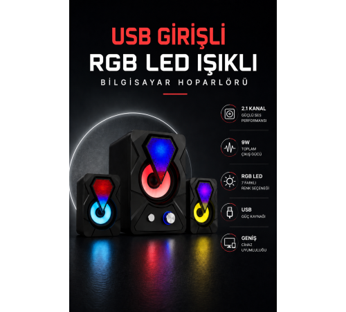 RGB LED AYDINLATMALI USB BİLGİSAYAR OYUN HOPARLÖRÜ