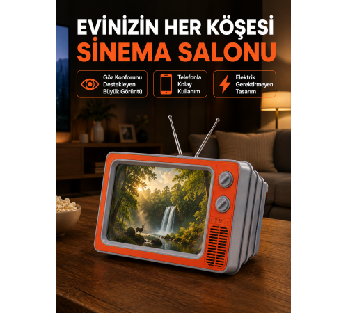 Telefon İçin 12 İnç Ekran Büyütücü Retro Televizyon Tasarımı HD Film İzleme Katlanabilir Stand