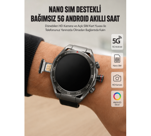 Kameralı 5G Android Akıllı Saat AMOLED Ekran Wi-Fi GPS SIM Kart Destekli