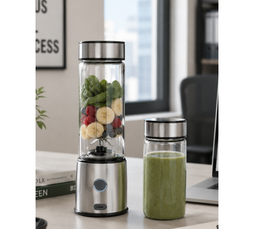 Çift Hazneli Cam Blender USB Şarjlı Smoothie ve Buz Kırıcı Blender