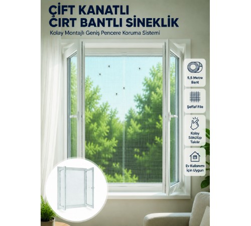 Çift Kanatlı Cırt Bantlı Pencere Sinekliği Kolay Montajlı Beyaz File