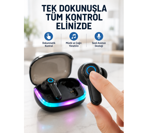 Bluetooth 5.4 TWS Kablosuz Kulaklık Quad ENC Mikrofonlu RGB Şarj Kutulu HD Ses