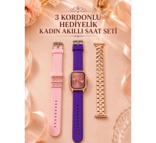 3 Kordonlu Rose Gold Kasalı Kadın Akıllı Saat Seti