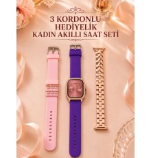3 Kordonlu Rose Gold Kasalı Kadın Akıllı Saat Seti