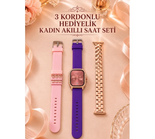 3 Kordonlu Rose Gold Kasalı Kadın Akıllı Saat Seti