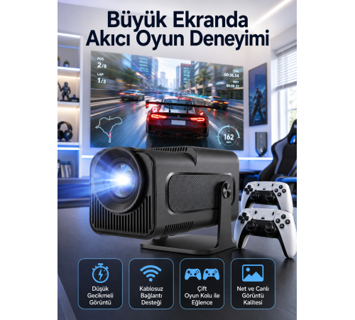 Çift Kollu Game Box Projeksiyon Cihazı Kumandalı Android Tv Dahili Hoparlör