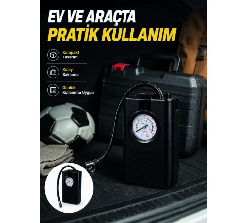 Taşınabilir Araç Hava Pompası Analog Manometreli Lastik Şişirme Pompası