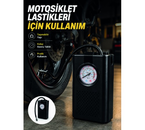 Araç Lastik Şişirme Pompası Taşınabilir Analog Basınç Göstergeli Hava Kompresörü