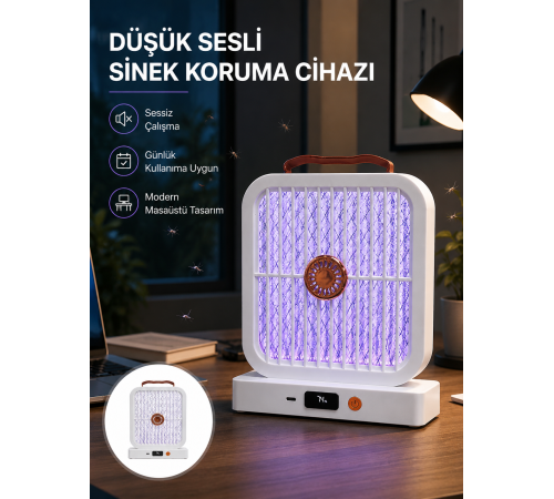 Masaüstü Şarjlı Elektrikli Sinek Öldürücü UV Teknolojili Beyaz Cihaz
