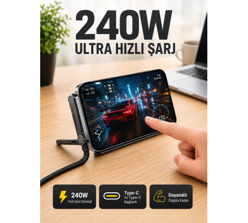240W Type-C Telefon Standlı Örgülü Şarj ve Data Kablosu