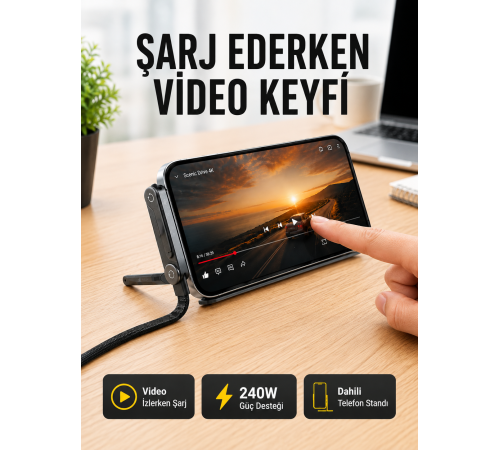 Katlanabilir Telefon Standlı 240W Type-C Hızlı Şarj Kablosu