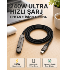 Örgülü 240W Type-C Katlanabilir Telefon Standlı Şarj Kablosu