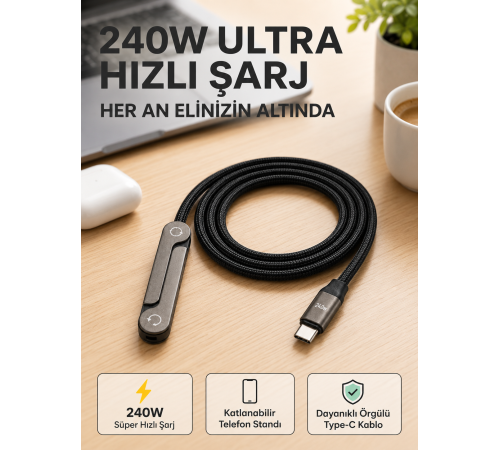 Örgülü 240W Type-C Katlanabilir Telefon Standlı Şarj Kablosu