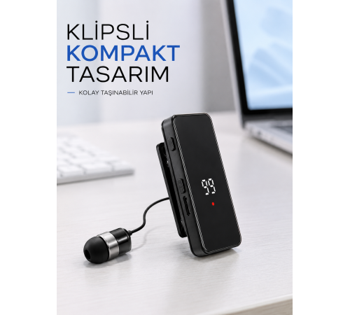 Dijital Ekranlı Bluetooth Kulaklık Tek Kulaklıklı Klipsli Kompakt Tasarım