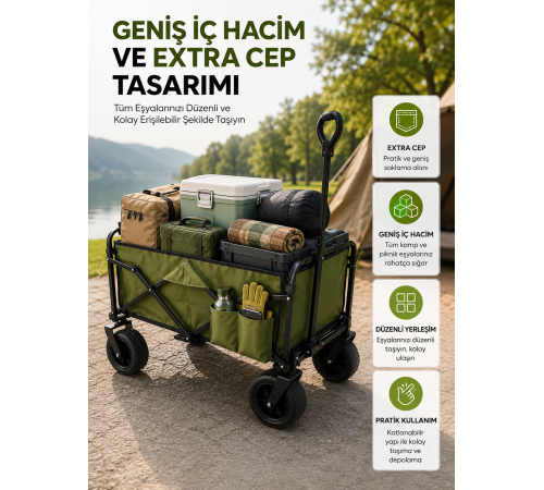 Geniş İç Hacimli Fren Sistemli Katlanabilir Kamp ve Piknik Arabası