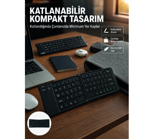 Kablosuz Katlanabilir Bluetooth Klavye Telefon Tablet Bilgisayar Uyumlu