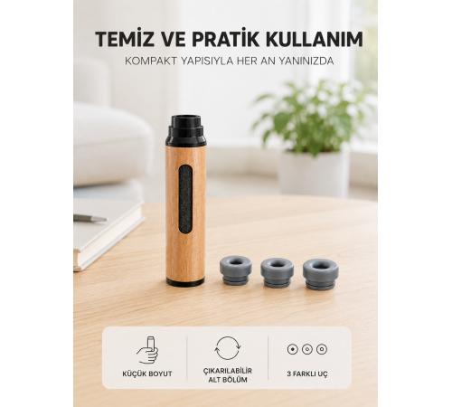 Ahşap Görünümlü Mini Küllük Taşınabilir Kompakt Tasarım 3 Farklı Uç Seçeneği