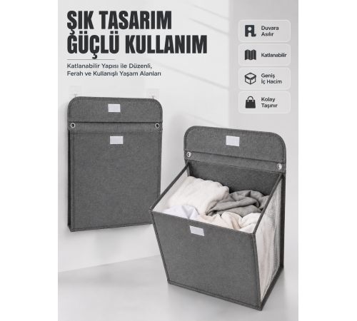 Duvara Asılabilir Katlanabilir Kirli Çamaşır Sepeti Geniş Hacimli Düzenleyici