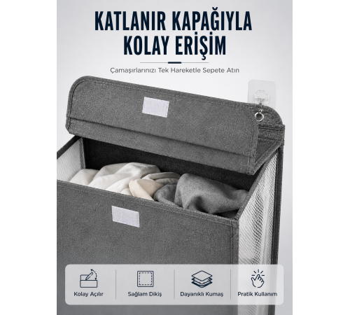 Kapaklı Duvar Tipi Kirli Çamaşır Sepeti Yer Tasarrufu Sağlayan