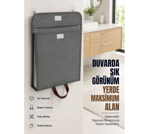 Katlanır Duvar Askılı Çamaşır Sepeti Geniş İç Hacimli Banyo Düzenleyici