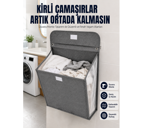 Banyo ve Çamaşır Odası İçin Duvara Asılan Katlanabilir Çamaşır Sepeti