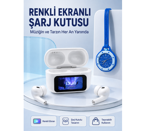 Dokunmatik Kablosuz Kulaklık + Mavi Askılı Analog Charm Saat İkili Set