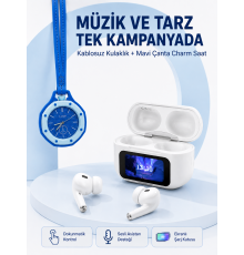 Ekranlı Kablosuz Kulaklık ve Mavi Çanta Charm Saat Kampanya Seti