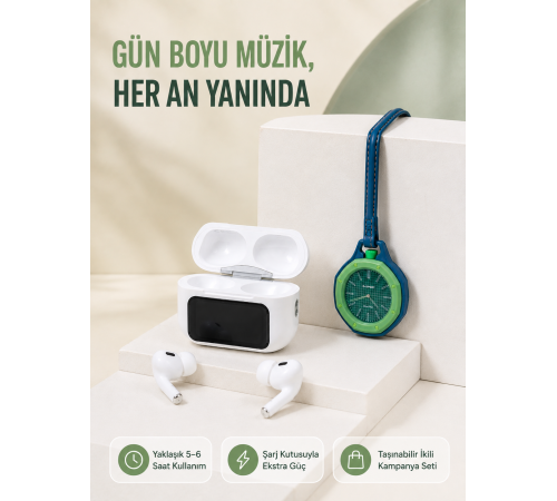 Ekranlı Kablosuz Kulaklık ve Yeşil Çanta Charm Saat Kampanya Seti