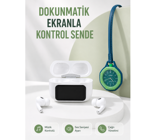 Bluetooth 5.4 Kablosuz Kulaklık Yeşil Askılı Analog Charm Saat İkili Set