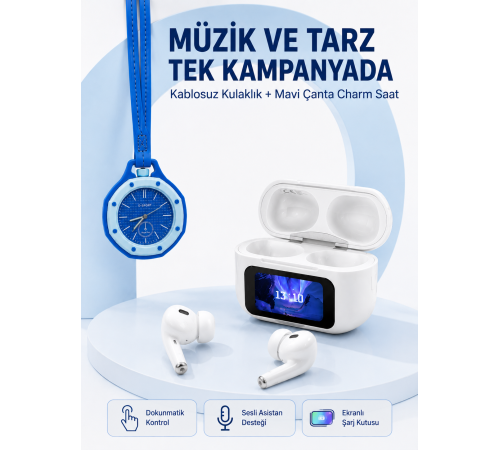 Ekranlı Kablosuz Kulaklık ve Mavi Çanta Charm Saat Kampanya Seti