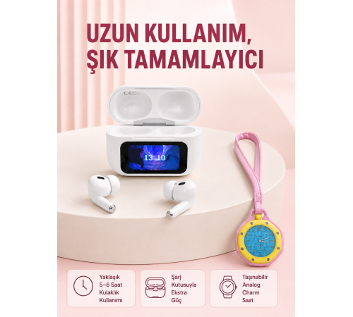 Ekranlı Kablosuz Kulaklık ve Pembe Çanta Charm Saat Kampanya Seti