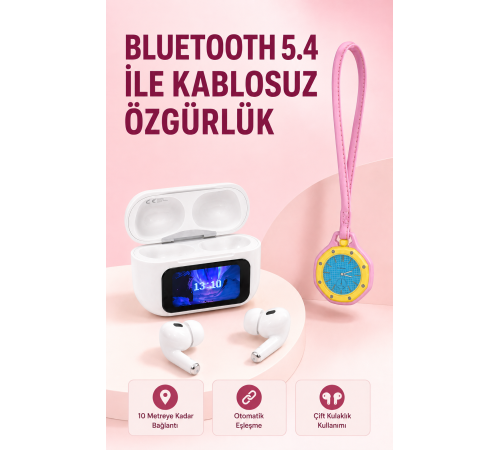Bluetooth 5.4 Kablosuz Kulaklık Pembe Askılı Analog Charm Saat İkili Set