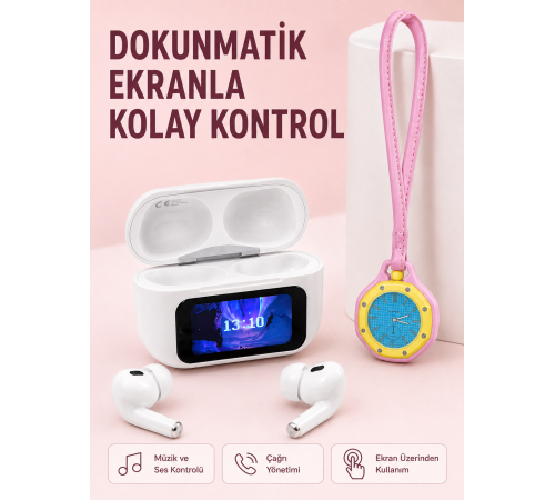 Dokunmatik Ekranlı Kablosuz Kulaklık ve Pembe Çanta Aksesuar Saati Avantajlı Set