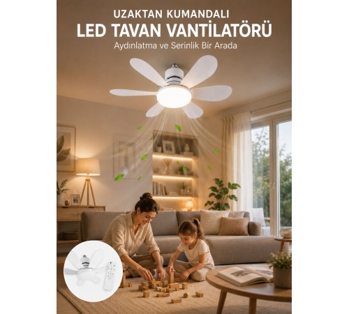 Tavan Vantilatörü Sessiz Motorlu Uzaktan Kumandalı LED Aydınlatma Güçlü Serinletme