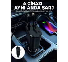 120W Hızlı Şarj Destekli 4'ü 1 Arada Araç Şarj Cihazı Type-C, Lightning, USB ve USB-C Çıkışlı