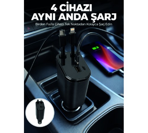 120W Hızlı Şarj Destekli 4'ü 1 Arada Araç Şarj Cihazı Type-C, Lightning, USB ve USB-C Çıkışlı