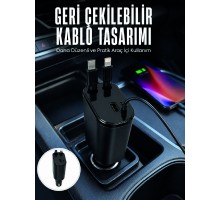 Dijital Voltaj Göstergeli Araç Şarj Cihazı Geri Çekilebilir Kablolu 4 Portlu Hızlı Şarj Adaptörü