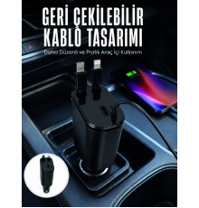 Dijital Voltaj Göstergeli Araç Şarj Cihazı Geri Çekilebilir Kablolu 4 Portlu Hızlı Şarj Adaptörü