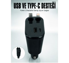 Araç Çakmaklık Şarj Cihazı 120W Type-C & Lightning Kablolu Çoklu Hızlı Şarj İstasyonu