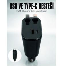 Araç Çakmaklık Şarj Cihazı 120W Type-C & Lightning Kablolu Çoklu Hızlı Şarj İstasyonu