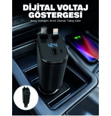 4 Cihazı Aynı Anda Şarj Eden Araç Şarj Cihazı USB-A, USB-C, Type-C ve Lightning Destekli